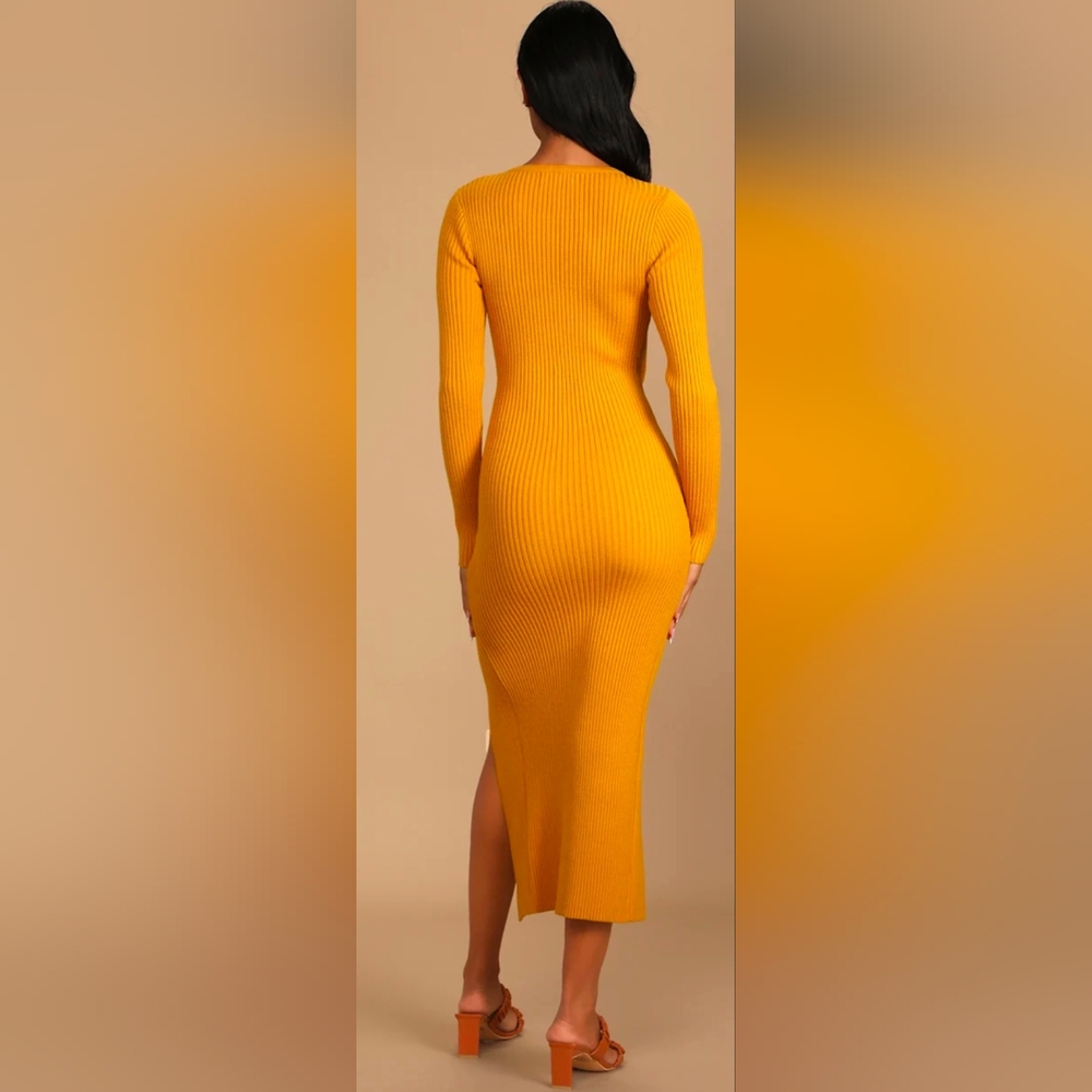 Lulus Women's Mustard Yellow Ribbed Knit Long Sleeve Midi Dress - Picture 4 of 5